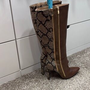 Brown and Snake Print Knee-High Boots